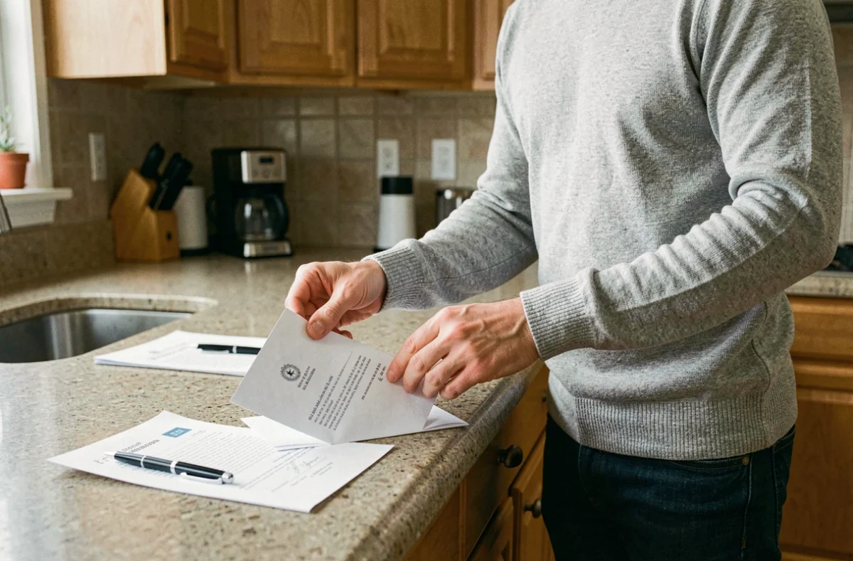 Homme glissant une lettre de résiliation dans une enveloppe dans sa cuisine