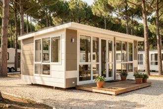 Mobil-home moderne de marque française installé dans un camping provençal entouré de pins avec terrasse en bois