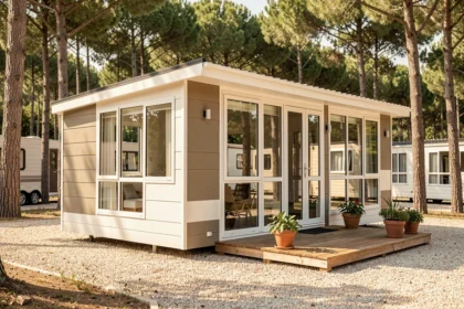 Mobil-home moderne de marque française installé dans un camping provençal entouré de pins avec terrasse en bois