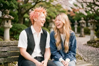 Deux jeunes adultes aux allures de personnages d'animation assis dans un parc japonais fleuri, symbolisant le lien émotionnel entre Natsu et Lucy dans Fairy Tail 100 Years Quest
