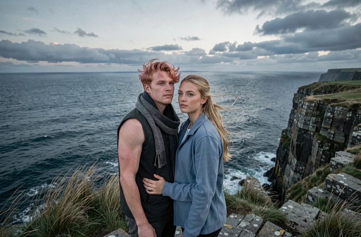 Un duo de jeunes aventuriers au bord d'une falaise côtière regardant l'horizon ensemble, évoquant la relation profonde et l'avenir de Natsu et Lucy dans Fairy Tail 100 Years Quest