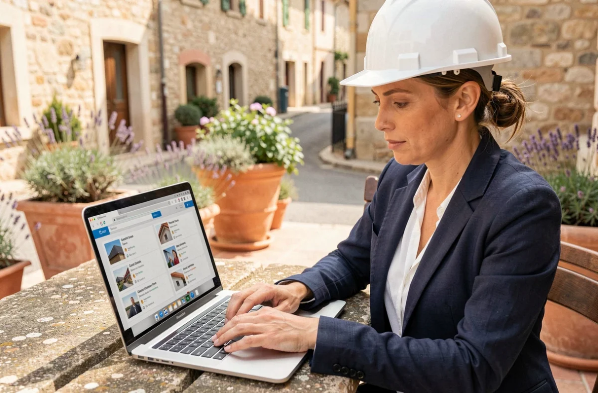 Professionnelle consultant la plateforme Obat pour trouver des couvreurs référencés dans le Gard sur un ordinateur portable