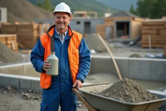 Ouvrier de construction avec un gobelet de mesure et béton