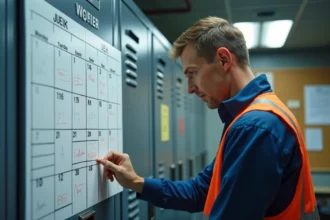 Ouvrier en 2x8 consultant le planning de semaines paires et impaires affiché dans une salle de pause industrielle