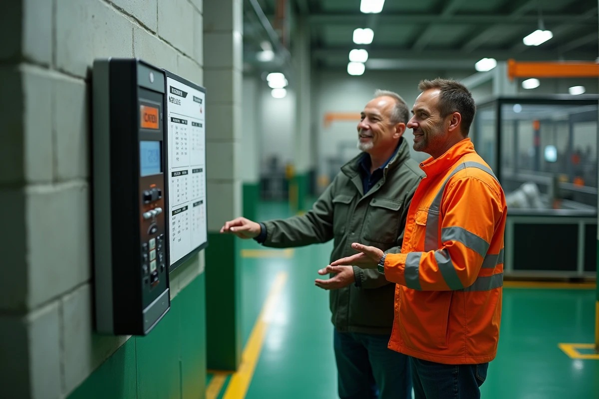 Deux ouvriers en équipe 2x8 consultant ensemble le planning de semaines paires impaires affiché près d'une pointeuse d'usine