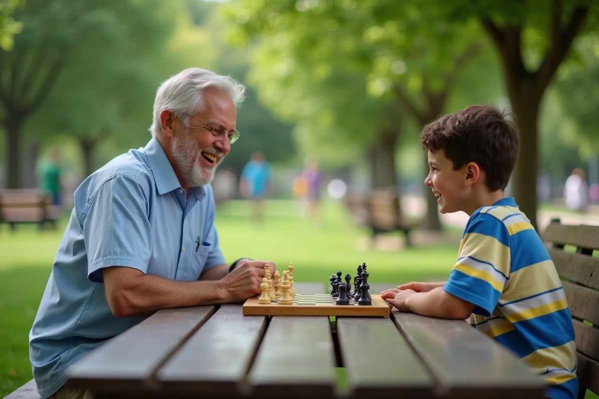 Un père et un garçon jouent aux échecs dans un parc en plein air