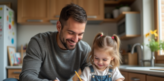 Père et fille dessinant ensemble à la cuisine chaleureuse