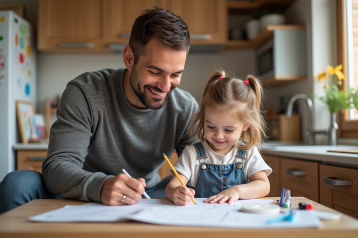 Père et fille dessinant ensemble à la cuisine chaleureuse