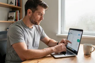 Homme configurant les paramètres de confidentialité de son navigateur sur un ordinateur portable dans un bureau à domicile