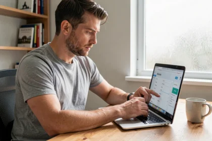 Homme configurant les paramètres de confidentialité de son navigateur sur un ordinateur portable dans un bureau à domicile