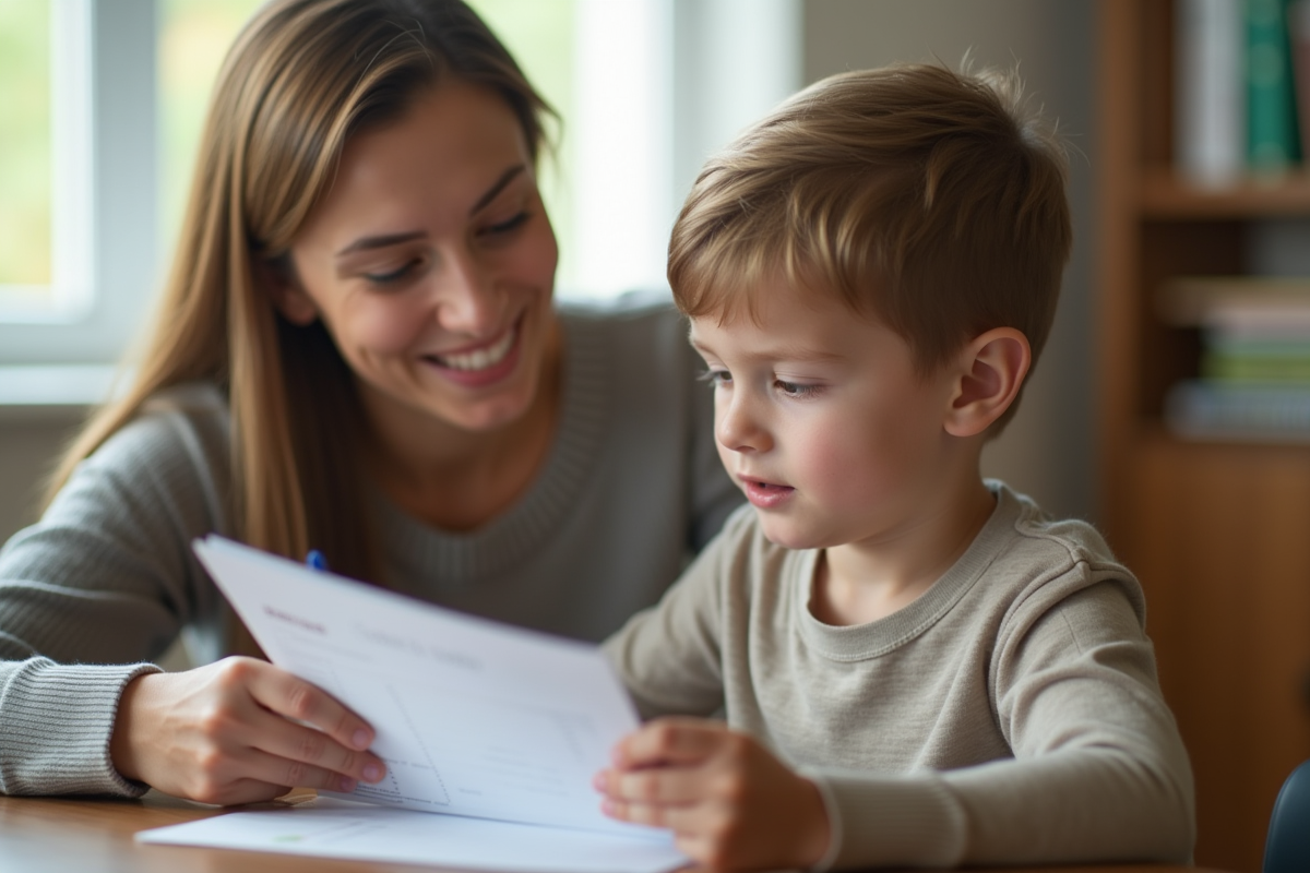 Parent et enfant discutant du bulletin scolaire