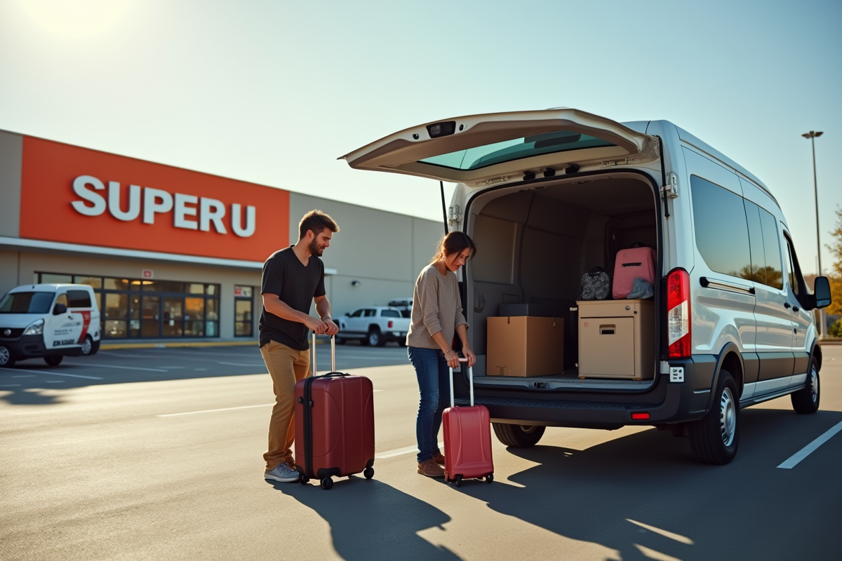 Famille chargeant une vanne de location dans le parking Super U
