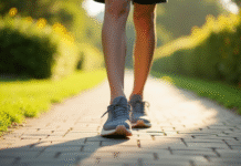 Les pieds en sneakers confortables marchant sur un chemin ensoleille