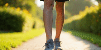Les pieds en sneakers confortables marchant sur un chemin ensoleille