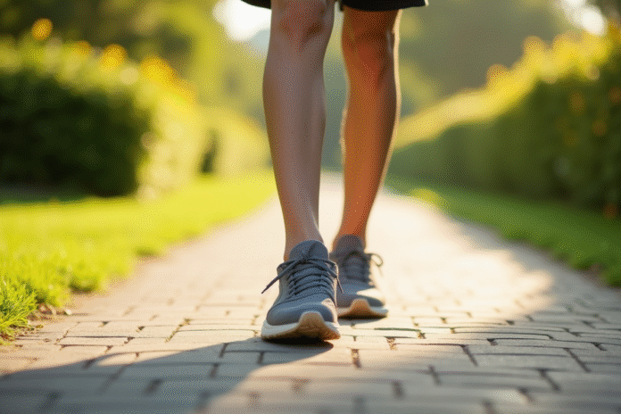 Les pieds en sneakers confortables marchant sur un chemin ensoleille