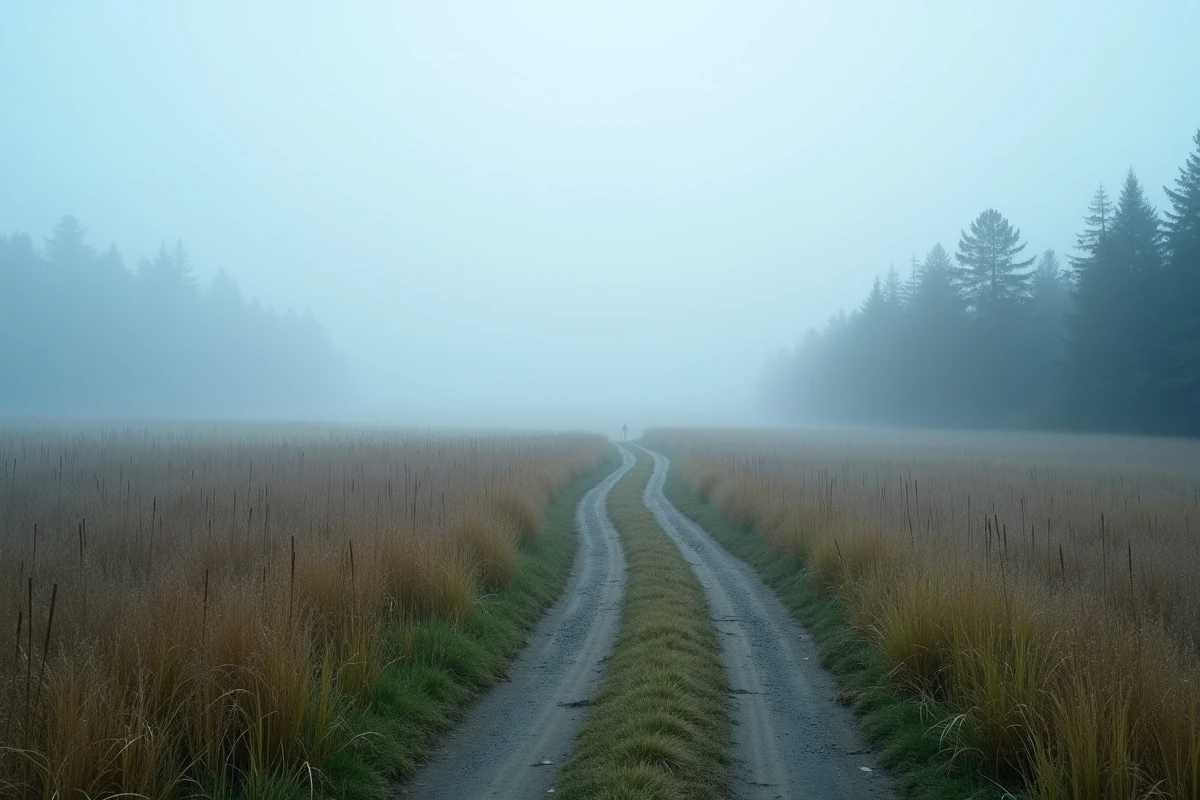 Paysage brumeux de prairie sauvage en Nouvelle-Angleterre à l'aube, illustrant la vision spirituelle et écologique de la nature selon Ralph Waldo Emerson