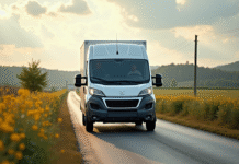 Voiture Peugeot Boxer blanche en campagne en plein jour