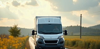 Voiture Peugeot Boxer blanche en campagne en plein jour