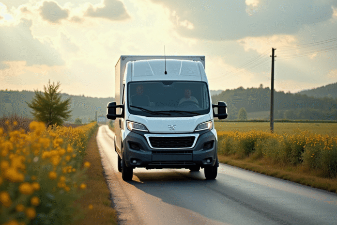 Voiture Peugeot Boxer blanche en campagne en plein jour