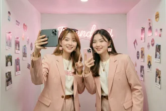 Deux jeunes femmes en tenue streetwear coréenne posant dans un photomaton 4 cut à Paris