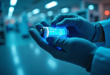 Gros plan d'une pile lithium de nouvelle génération en laboratoire