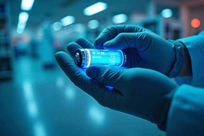 Gros plan d'une pile lithium de nouvelle génération en laboratoire