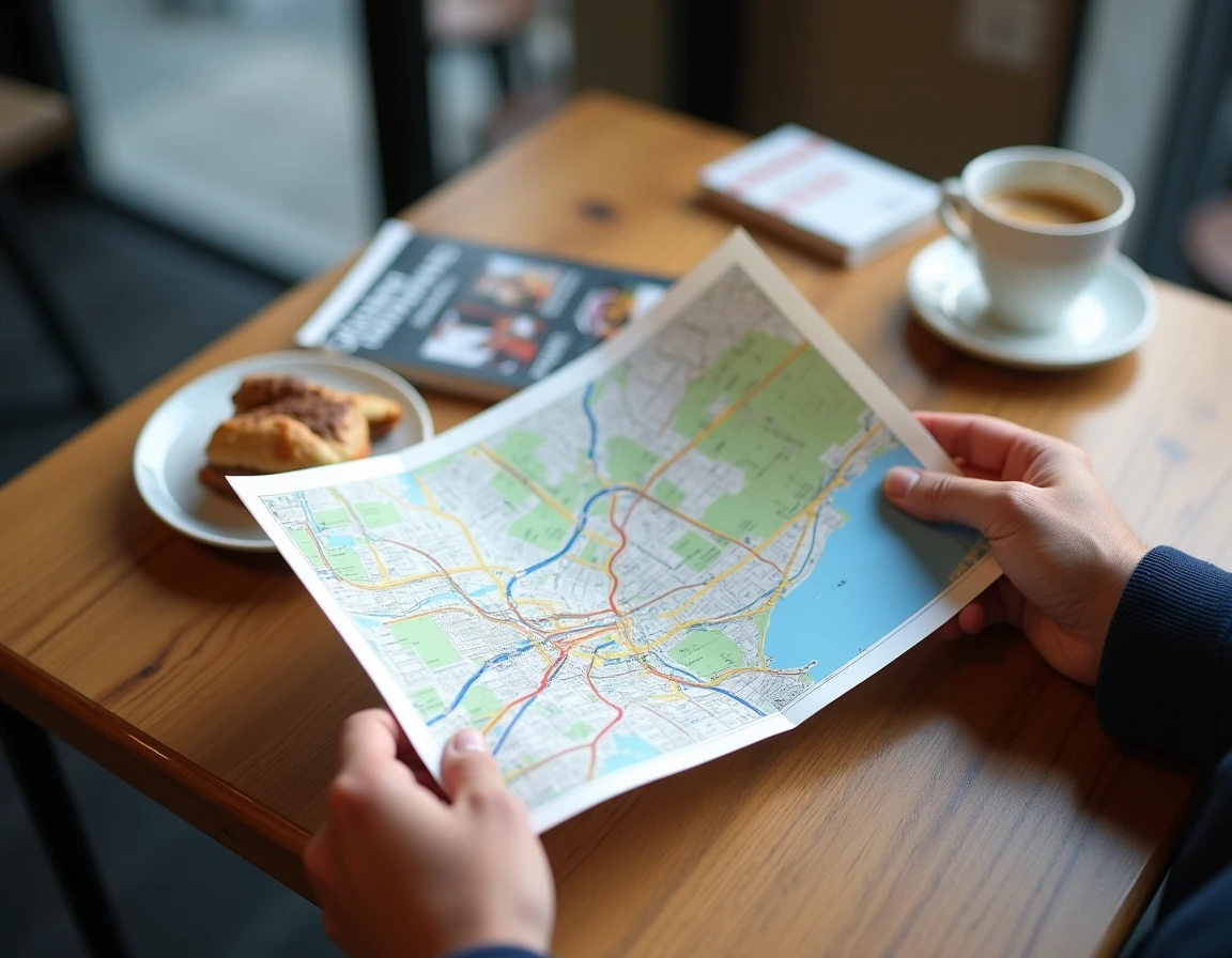 Plan du métro de Lyon déplié sur une table de café avec un guide touristique