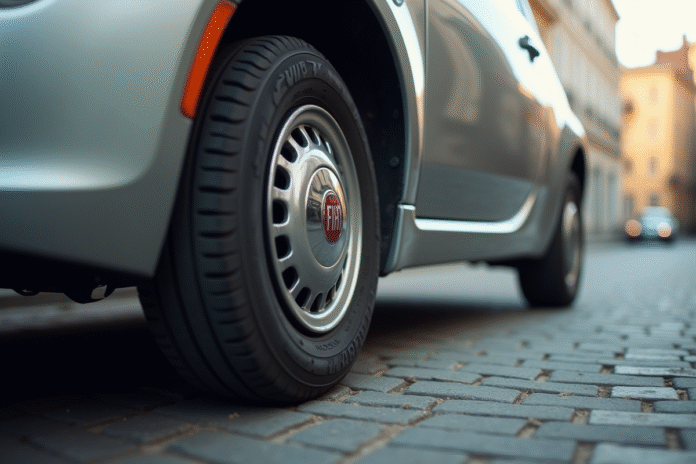 Pneu de Fiat 500 sous-inflate vue de près sur une rue