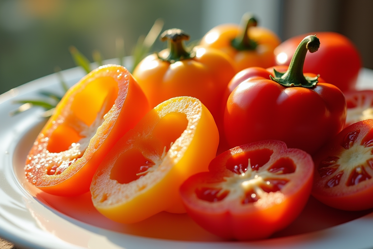 Tranches de poivrons italiens et fruits itchintal sur une assiette blanche