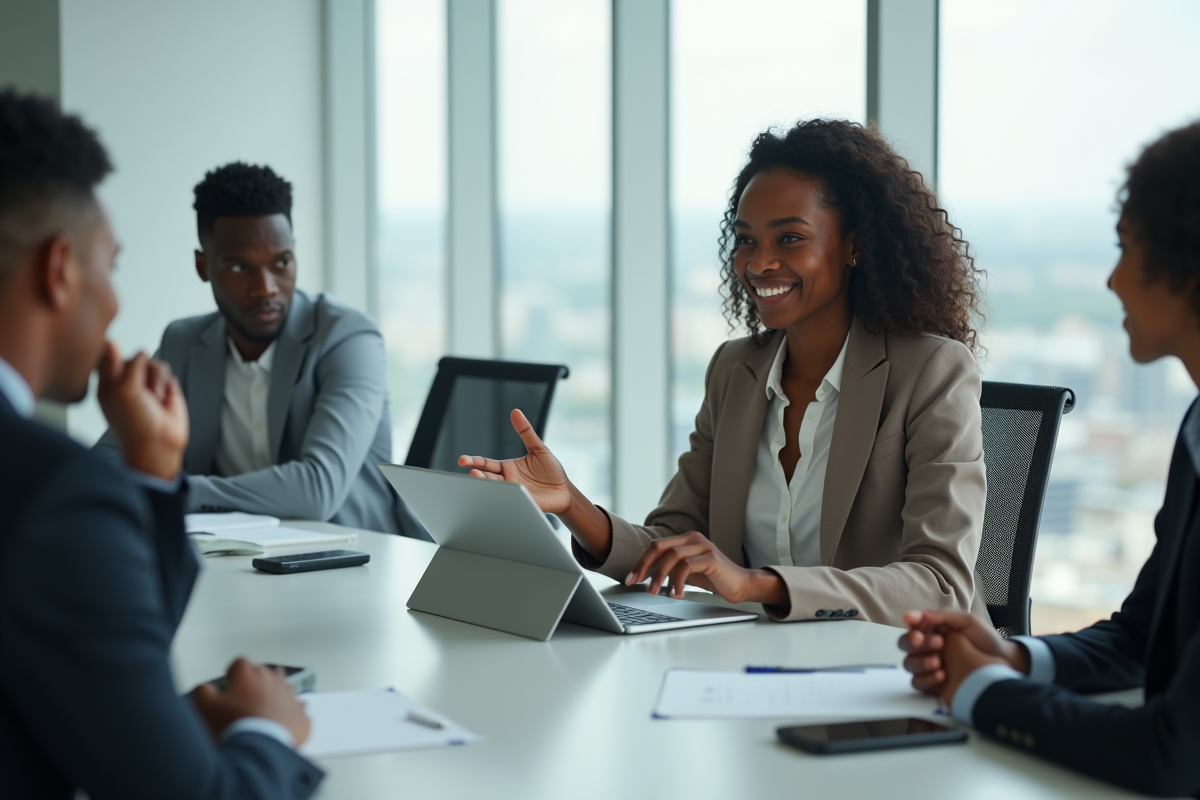 Jeune femme présente logiciel de paie lors d une réunion d équipe