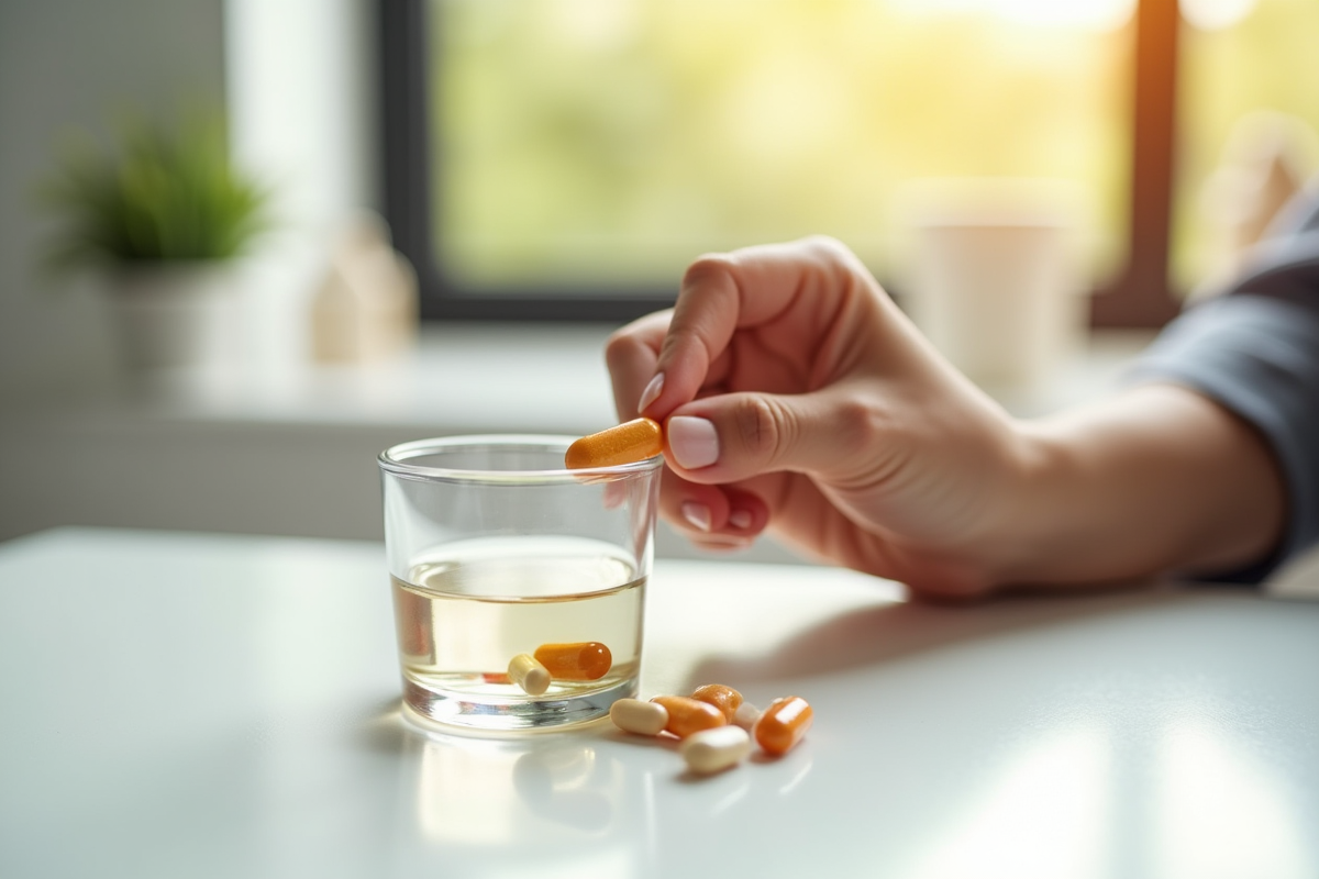 Main prenant un complément de vitamine B6 avec un verre d