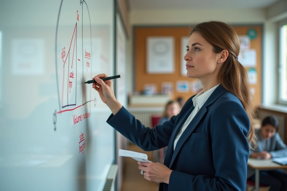 Professeure de mathématiques expliquant le calcul du volume d'une pyramide à base carrée au tableau blanc en classe de troisième