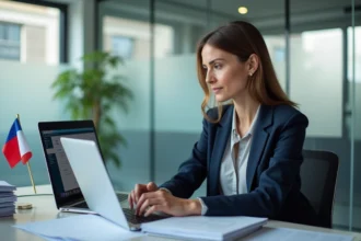 Professionnelle en blazer marine consultant le portail douanier Prodouane sur un ordinateur portable dans un bureau moderne
