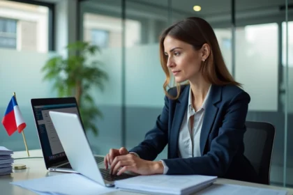 Professionnelle en blazer marine consultant le portail douanier Prodouane sur un ordinateur portable dans un bureau moderne