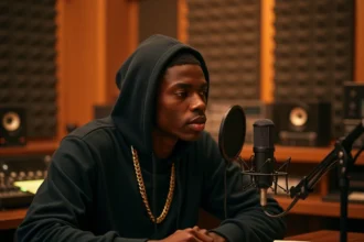 Jeune rappeur en studio d'enregistrement devant un microphone vintage, stylo en main et carnets de rimes posés sur le bureau