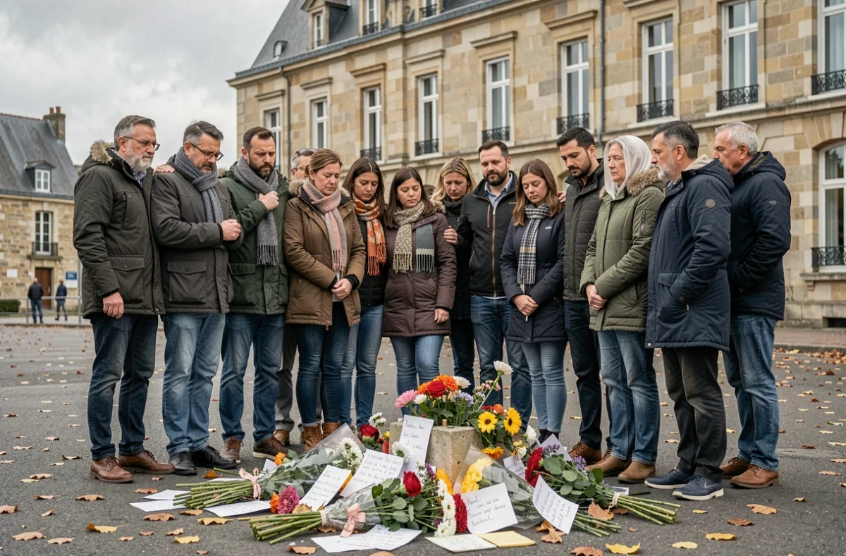 Rassemblement d'habitants de Caen autour d'un mémorial spontané de fleurs et de messages en hommage aux victimes d'un drame local