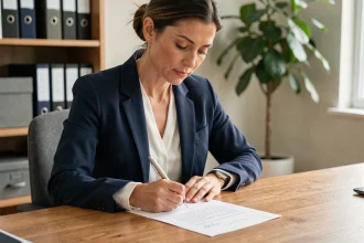 Femme rédigeant une lettre de résiliation à son bureau à domicile