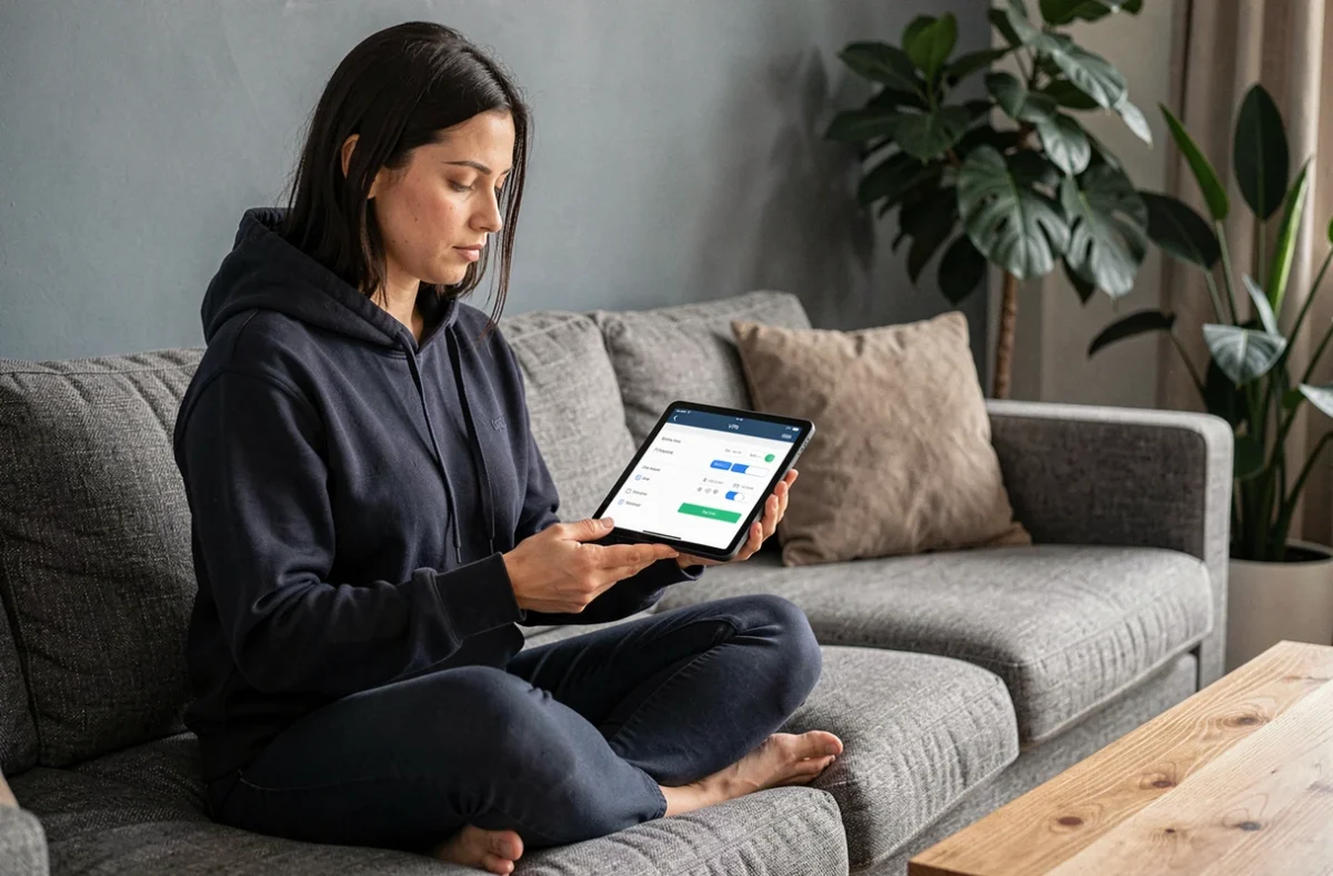 Femme consultant les paramètres VPN et de vie privée sur une tablette dans un salon moderne