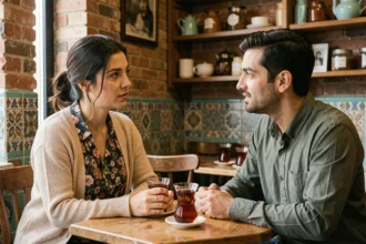 Couple en conversation intime dans un café turc traditionnel à Istanbul, illustrant les relations amoureuses interculturelles avec une femme turque