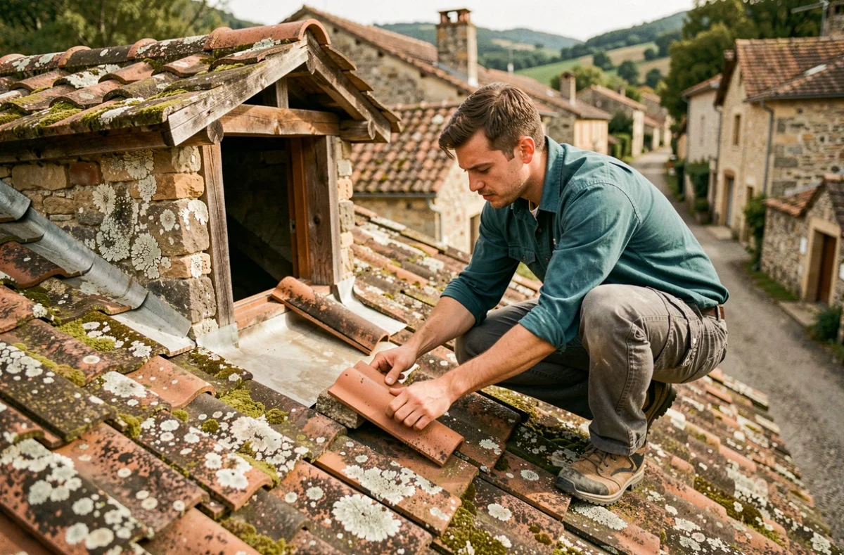 Couvreur de Renoolab Saint-Jean-du-Gard retirant des tuiles endommagées sur une toiture ancienne des Cévennes