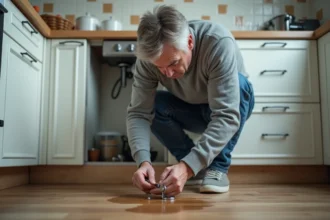 Homme effectuant une réparation d'urgence sous un évier de cuisine suite à une fuite d'eau