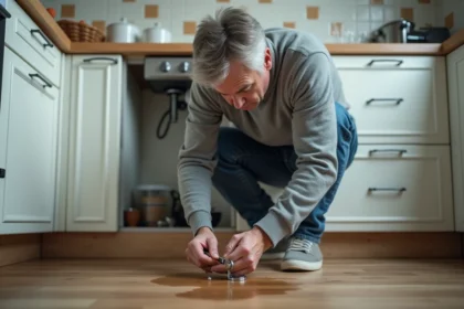 Homme effectuant une réparation d'urgence sous un évier de cuisine suite à une fuite d'eau