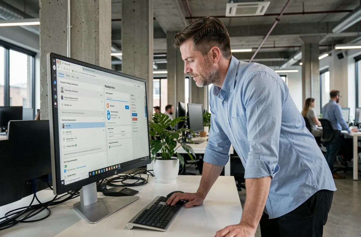 Homme vérifiant les réglages de restriction réseau et de confidentialité sur un écran d'ordinateur dans un espace de coworking