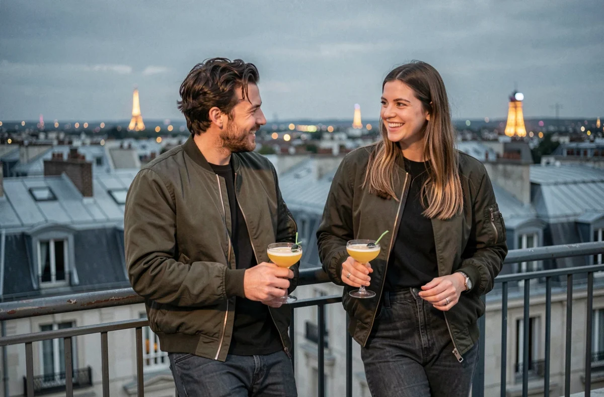 Deux amis en train de discuter sur un rooftop parisien à côté d'une boite électro avec la skyline de Paris visible en arrière-plan la nuit