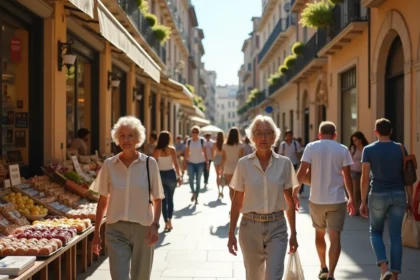 Rue commerçante animée de Montpellier ouverte le dimanche avec boutiques et passants