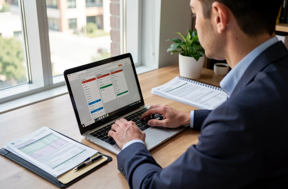 Salarié préparant son dossier de prêt sur ordinateur portable