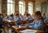 Salle de classe lumineuse à Versailles avec étudiants utilisant des tablettes