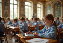 Salle de classe lumineuse à Versailles avec étudiants utilisant des tablettes