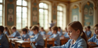 Salle de classe lumineuse à Versailles avec étudiants utilisant des tablettes