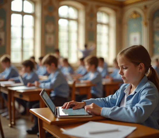 Salle de classe lumineuse à Versailles avec étudiants utilisant des tablettes